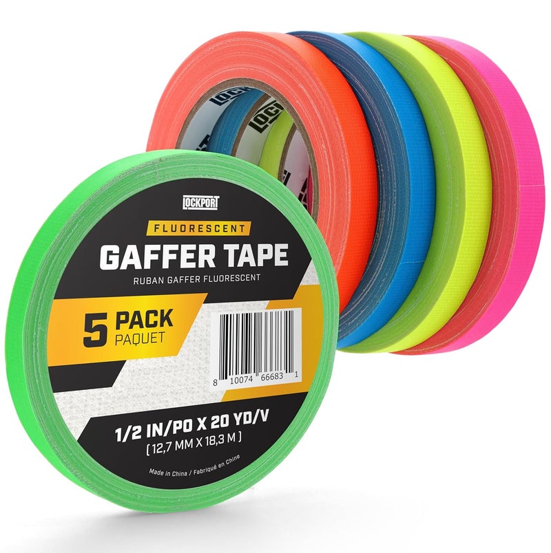 Lockport 5 Pack Colored Spike Tape Set, Neon Gaff Tape, Bright Fluorescent Gaffer Tapes, 1/2 Inch X 20 Yards Multicolored for Theater, Stage, Floor Marking, School - Image 1